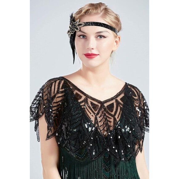 BABEYOND 1920s Sequin Black Shawl Wrap Evening Cape Bridal Bolero Flapper Cover - Picture 2 of 7